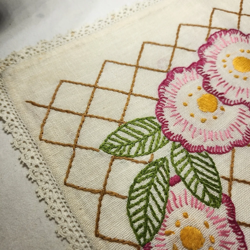 Vintage Hand-embroidered Linen Floral Table Runner Dresser Scarf 12